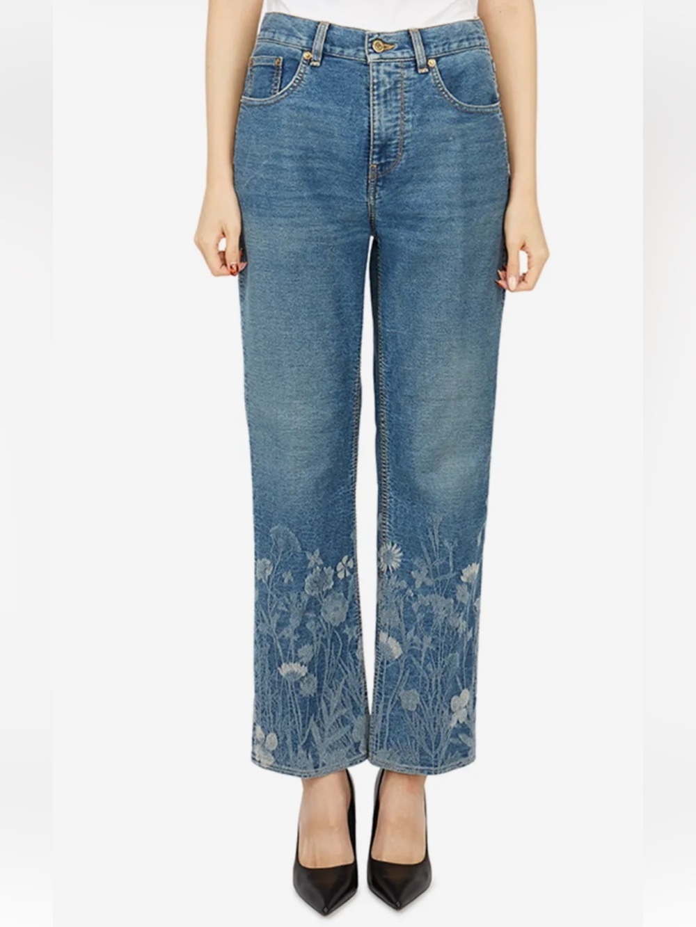 Golden Goose Deryn Floral Jacquard Straight Leg Jeans Medium Wash Denim Size 29